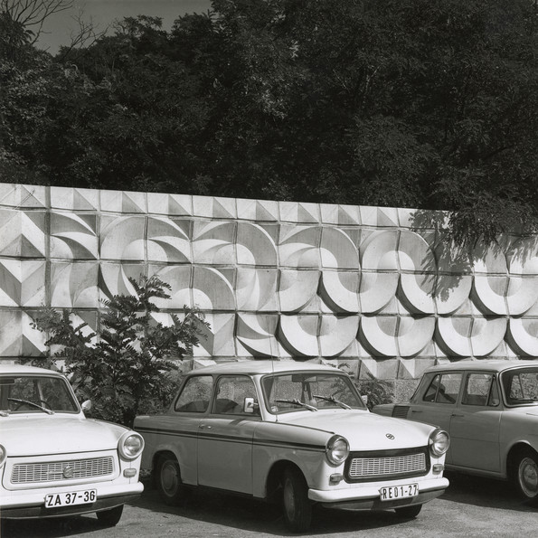 Trabis (Trabant cars) in front of cinder-block wall at Tierpark, Ostberlin by Karl-Heinz Adler and Friedrich Kracht, 1976, Archive Friedrich Kracht, courtesy of Karin Kracht